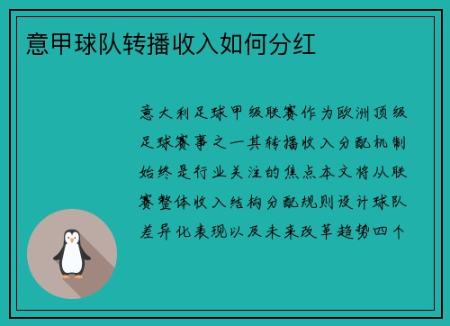 意甲球队转播收入如何分红